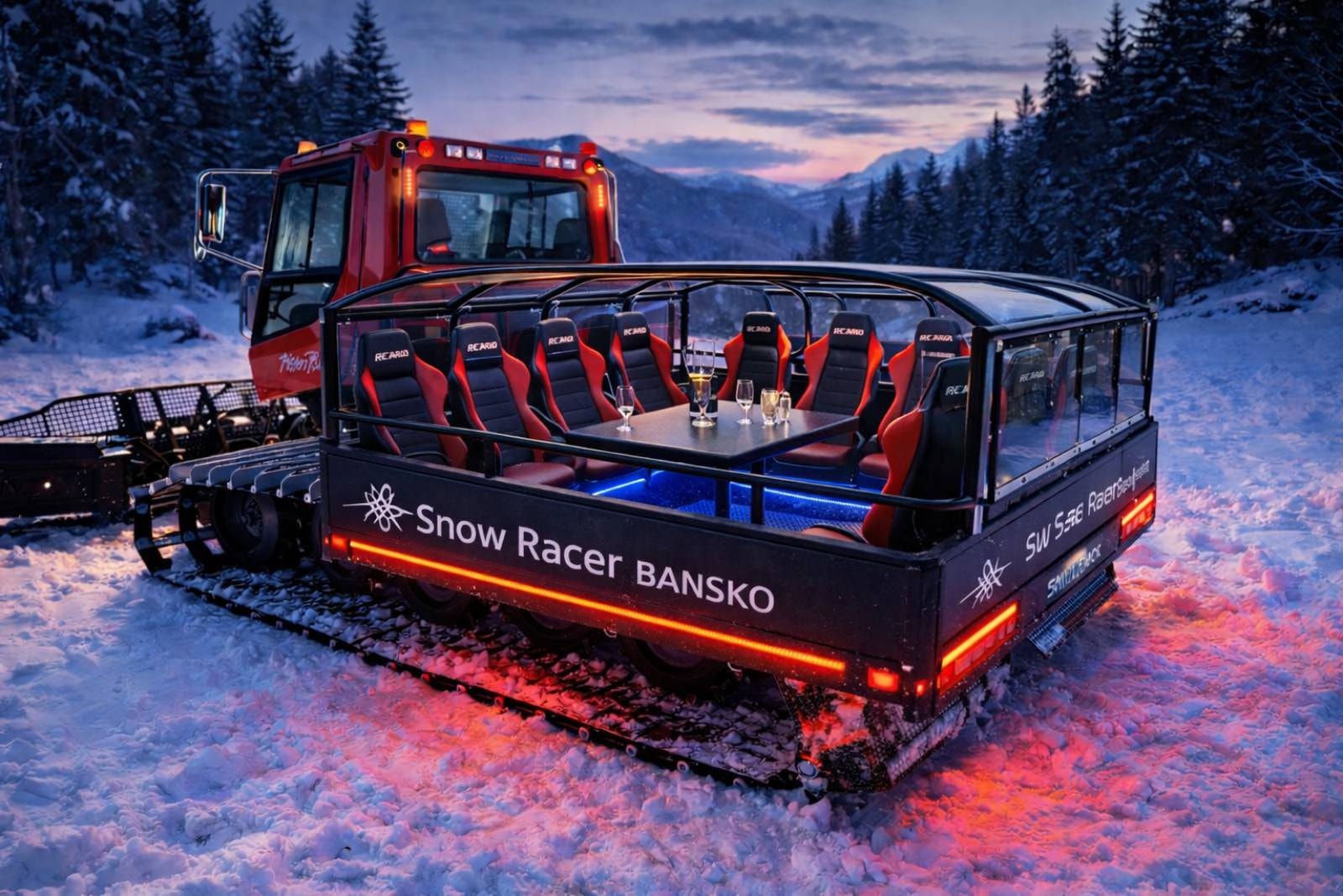 Snowmobile by mountain hut